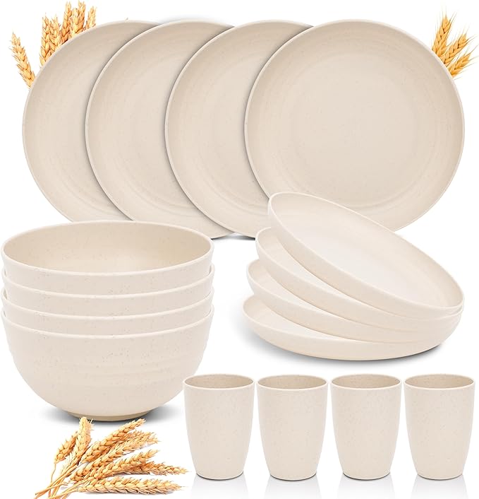 Wheat Straw Dinnerware Sets for 4 - GreenChoice Lightweight & Unbreakable Dishes Microwave & Dishwasher Safe Perfect for Camping, Picnic, RV, Dorm Plates, Cups and Bowls (Beige)