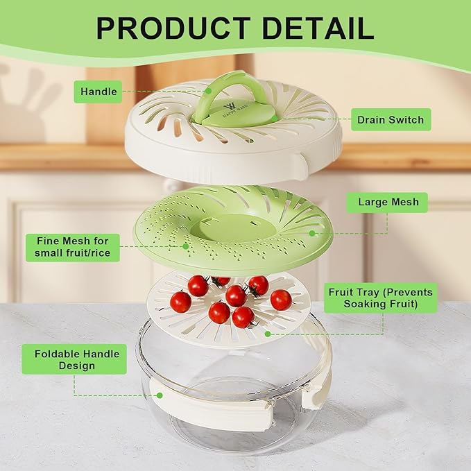 2025 New Fruit Strainer Container with Lid, 1QT(1L) 2 in 1 Drainer Basket with Foldable Handle, Multifunctional Colander for Kitchen and Camping, Suitable for Washing Berry, Vegetables, Rice