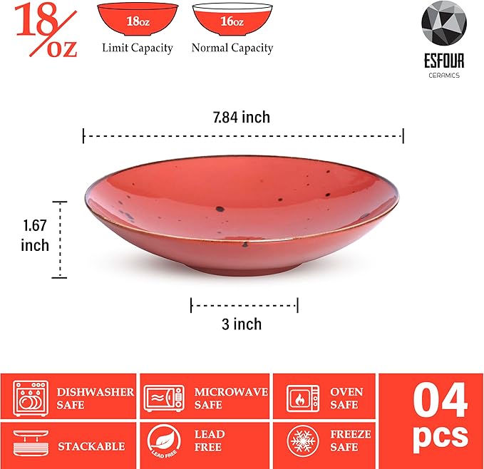 8.1 Inch Serving Bowls - Set of 6 | 16 Oz Large Pasta Salad Bowls, Microwave/Oven Safe, Wide Shallow Porcelain Bowls for Party, Dinner, Entertaining, Stackable - Vivid Assorted Colors