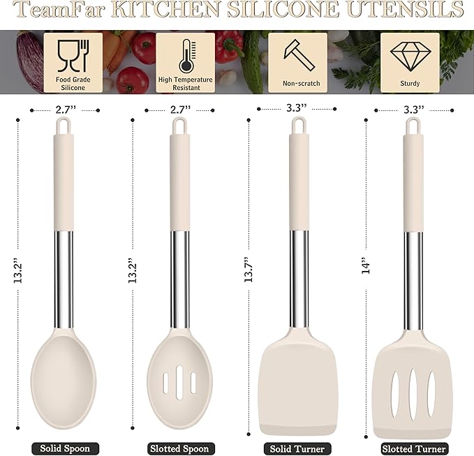 TeamFar Kitchen Utensils, 4 PCS Silicone Cooking Utensils Spatula Spoon Set with Stainless Steel Handle, for Frying Mixing Draining Turning, Healthy & Heat-proof, Non-stick & Dishwasher Safe - Khaki