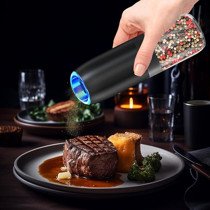 Gravity Electric Pepper and Salt Grinder,BoAn Automatic Battery Salt and Pepper Grinder Set,One-Hand Ceramic Larger Chamber Spice Mill,Adjustable Coarseness with LED Light for Kitchen New Home Gifts