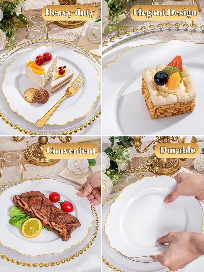 WDF 60pcs Gold Plastic Dinner Plates -10.25inch Baroque White and Gold Wedding Plates Fancy Heavy Duty Fall Plastic Plates for Upscale Thanksgiving Parties & Wedding & Birthday