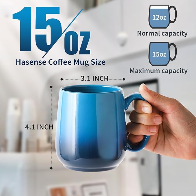 Hasense Ceramic Coffee Mugs Set of 4,15oz Large Mugs Set for Home and Office, Microwave & Dishwasher Safe, Coffee Cups for Coffee Tea Mike, Gradient Blue