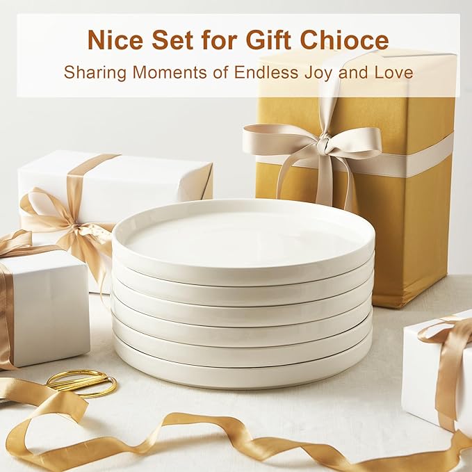 Jassceram 10.5 Inch Dinner Plates, Ceramic Flat Plates for Dining and Kitchen, High Edge Modern Plates - Microwave, Oven and Dishwasher Safe, Scratch Resistant and Lead-free, Set of 6, White