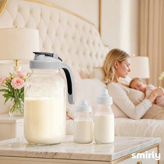 SMIRLY 64 oz Mason Jar Pitcher,Glass Pitcher with Wide Mouth,Water Jug with Double Leak Proof Lid for Iced Coffee,Hot Water,Breast Milk