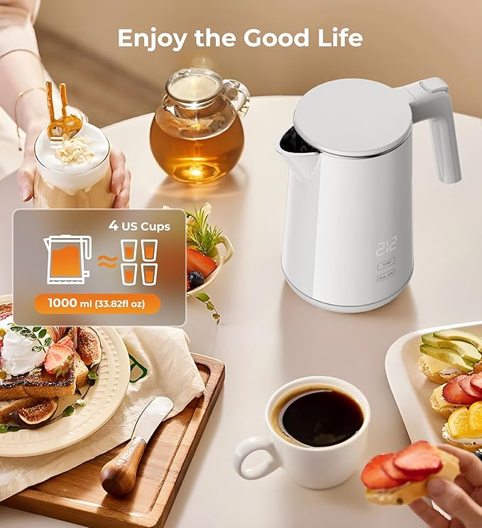 Electric Kettle, 1.0L 1200W Fast Heat with Auto Shut-Off, Boil-Dry Proof, 7 Temperature Control Teapot, Double Wall Stainless Steel Water Boiler Heater, 4H Keep Warm, Cool Touch Coffee Tea Pot, White