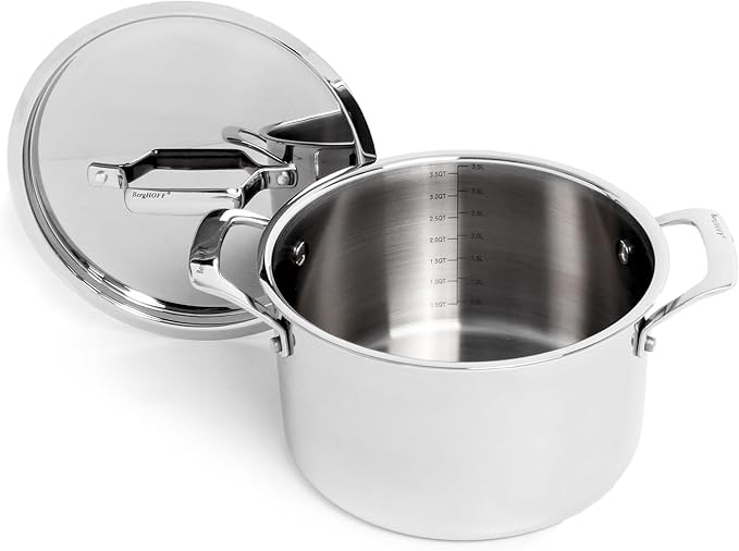BergHOFF Professional Tri-ply 18/10 Stainless Steel Stockpot 8" 4 Qt. Safe Grip Handle Matching Lid Induction Cooktop Measurement Markings Inside Fast & Even Heat Oven Safe