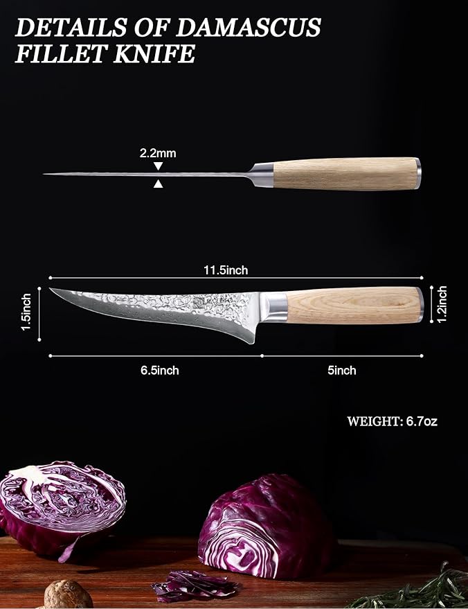 Fillet Knife for Fish and Meat, SGS Certified Ultra and Long-lasting Sharp, VG-10 Core 67Layers Damascus Stainless Steel Fishing Filet Knife, Premium Forged for Filleting and Cleaning