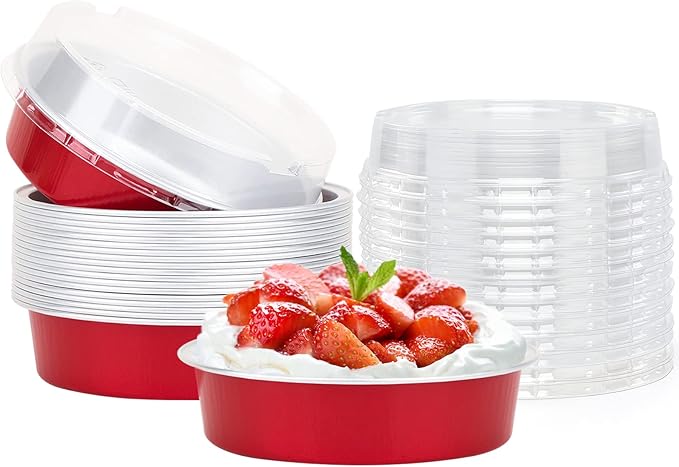 Beasea Disposable Mini Pie Tins with Lids, 20 Pack 4” 8oz Bright Red Aluminum Baking Foil Tins Small Round Tart Container for Individual Dessert Cupcake Muffin Cheesecake Ramekin Quiche Oven Dishes