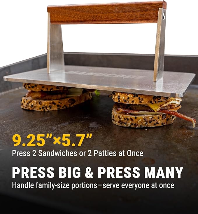 Stainless Steel Bacon Press - 3.2 LB Heavy Cooking Weight, Ideal for Flat Top Grill - Griddle Accessories for Searing Smash Burger, Steak, Sandwich - 9.25 x 5.7 Inches, Flat Bottom, Rectangle
