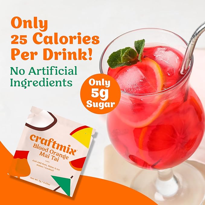 Craftmix Blood Orange Mai Tai, Makes 12 Drinks, Skinny Cocktail Mixers, Instant Mix Mocktail Kit, Real Fruit, Vegan Low-Carb Non-GMO, Dairy Free, Gluten-Free, Easy to Mix