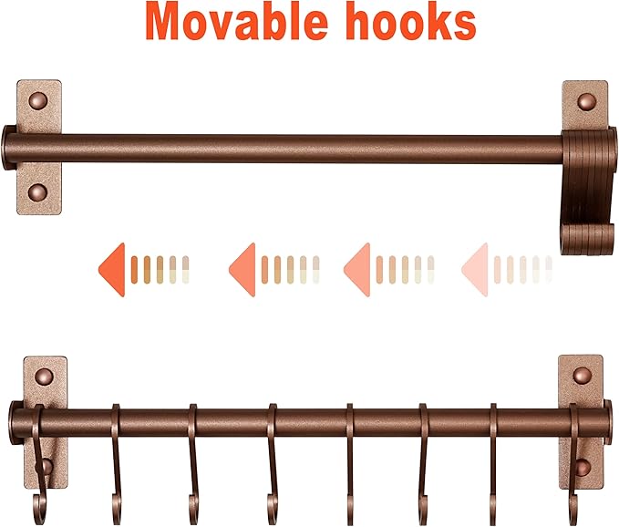 Dseap Kitchen Utensil Holder Hanger, Pot and Pan Rack Wall Mounted, Kitchen Rail with 8 Hooks for Hanging Cooking Utensils, Mugs, Spoons, Wall Mounted, Antique Copper