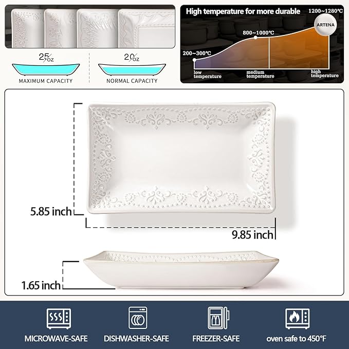 Artena Ceramic Pasta Bowls Set of 4-9.85 Inch Large Salad Bowls, 25 oz Serving Bowls for Soup, Dinner & Party - Embossed Microwave Safe Kitchen Dishes, Rectangle Plates (Damask Floral)