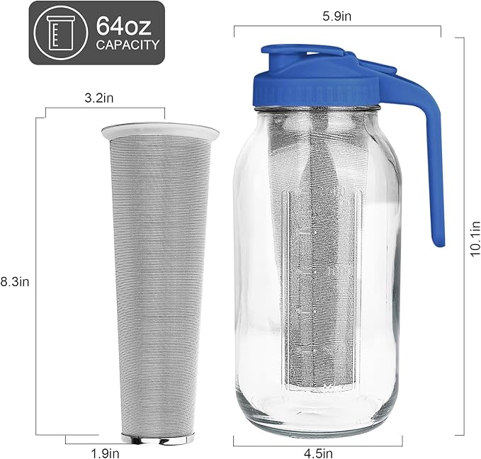 Cold Brew Coffee Maker,64 oz Mason Jar Pitcher with Stainless Steel Filter, Pour Spout Handle Lid, Heavy Duty Glass Airtight & Leak-Proof Pitcher for iced coffee Tea Lemonade -Blue