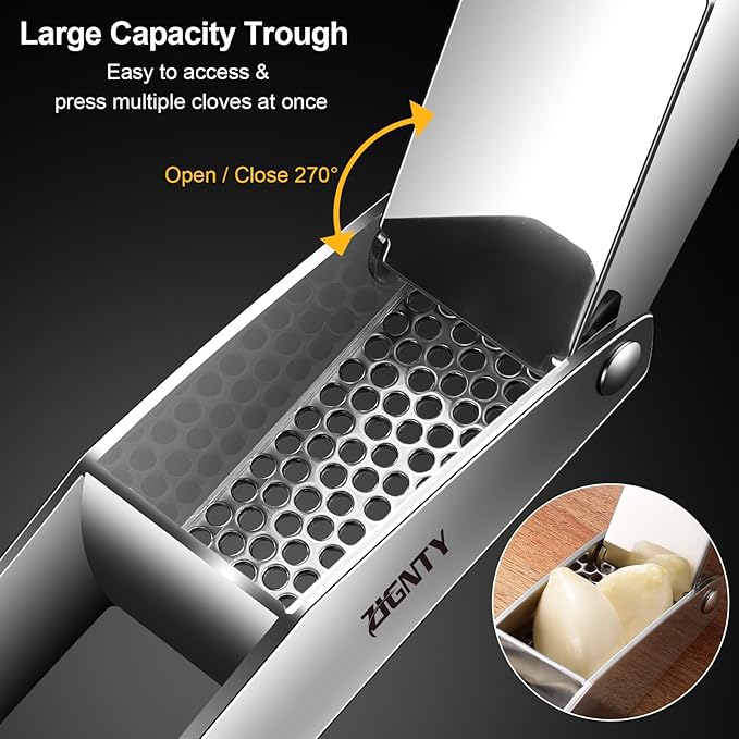 Garlic Press Stainless Steel,Premium Garlic Mincer Tool,No Need to Peel Garlic Ginger Crusher & Masher Easy Squeeze Large Trough Ergonomic Handle,Rust Proof,Dishwasher Safe (5 Years Warranty)