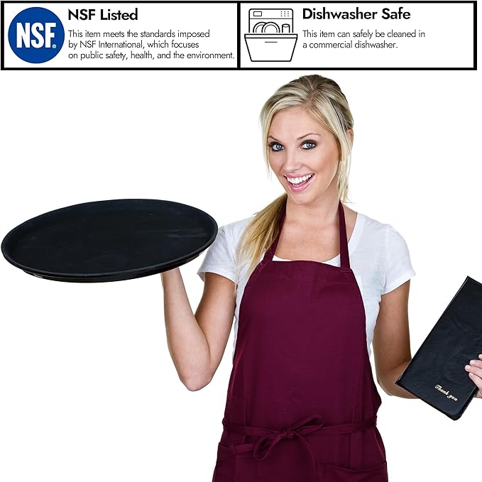 CURTA 2-Pack Restaurant Grade Non-Slip Tray, NSF, Oval 24-Inch x 29-Inch, Plastic Rubber Lined Round Serving Tray, Black