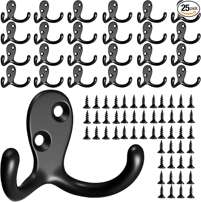 Coat Hooks Wall Hooks for Hanging - 25 Pack Black Double Prong Hook Wall Mounted - Great for Living Room, Bedroom, Entryway, Closet for Coat, Bag, Towel, Hat, Key, Cup, Heavy-Duty, Easy to Install