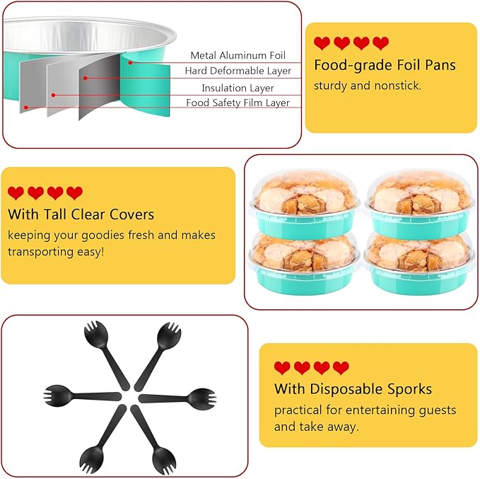 LNYZQUS 4 Inch Mini Cake Pans with Lids 50 Pack, Disposable Small Pie Tins Mini Tart Creme Brulee Ramekin Contaniers,8oz Aluminum Foil Baking Pans Jumbo Muffin Cups Holders-Cyan Blue