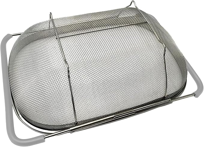Over The Sink Colander, 6 Quarts Stainless Steel Oval Colander with Expandable Rubber Grip Handle, Fine Mesh Strainer Baskets Kitchen Colanders for Strain, Drain, Rinse Vegetables, Fruits, Grey
