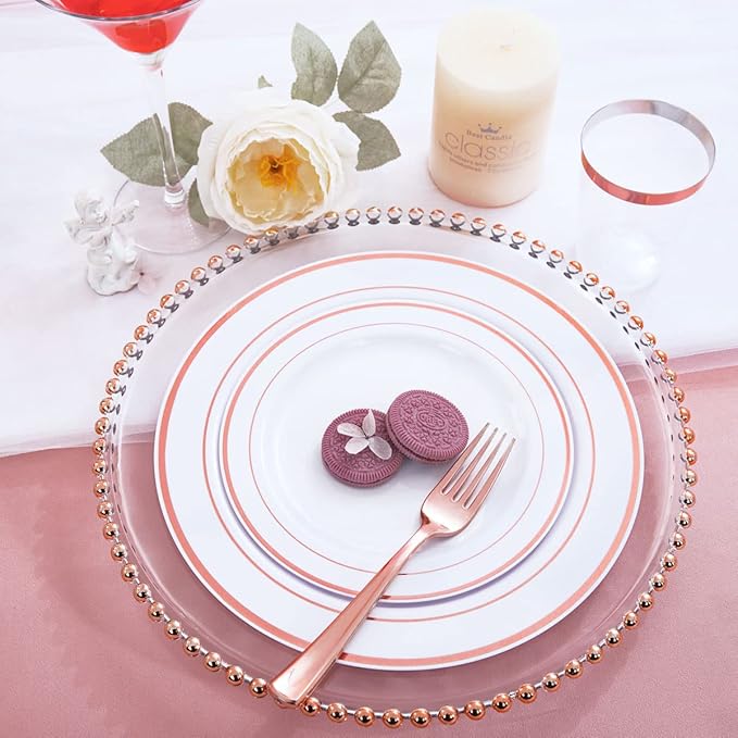 WDF 120 pieces Rose Gold Plates Disposable - Heavy Duty Rose Gold Plastic Plates Perfect for Mother's Day, Wedding, Birthday