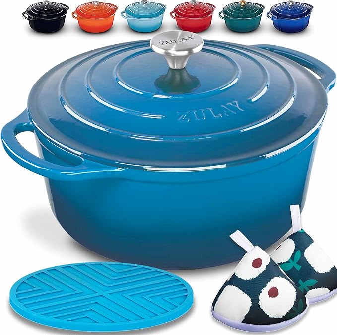 Zulay Kitchen 7.7 Quart Enameled Cast Iron Dutch Oven with Lid, Silicone Trivet & Heat Pad – Premium Durability & Oven Safe up to 500°F – Heavy Duty Cookware Perfect for Bread Baking, Stews, Braising & Roasting – Light Blue
