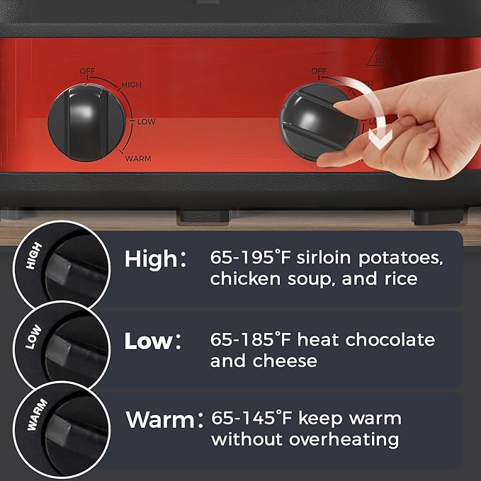 Double Slow Cooker, 2 x 1.25 QT Portable Small Dual Crock Cooker, Buffet Servers and Warmers Dishwasher Safe, Removable Ceramic Pot Glass Lid, Stainless Steel Red