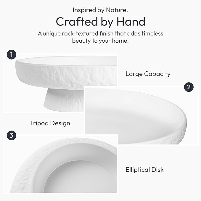 Granite Inspired Matte White Fruit Bowl | Wide, Shallow Textured Pedestal Bowl | 11 Inch Unique Centerpiece for Table or Decor for Entryway Table