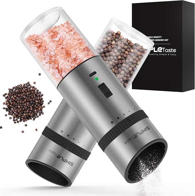 SIMPLETASTE Gravity Electric Pepper Mill and Salt Grinder Set Rechargeable with LED Light, Stainless Steel Body, Adjustable Coarseness for Pepper and Salt, gift to Men/Women