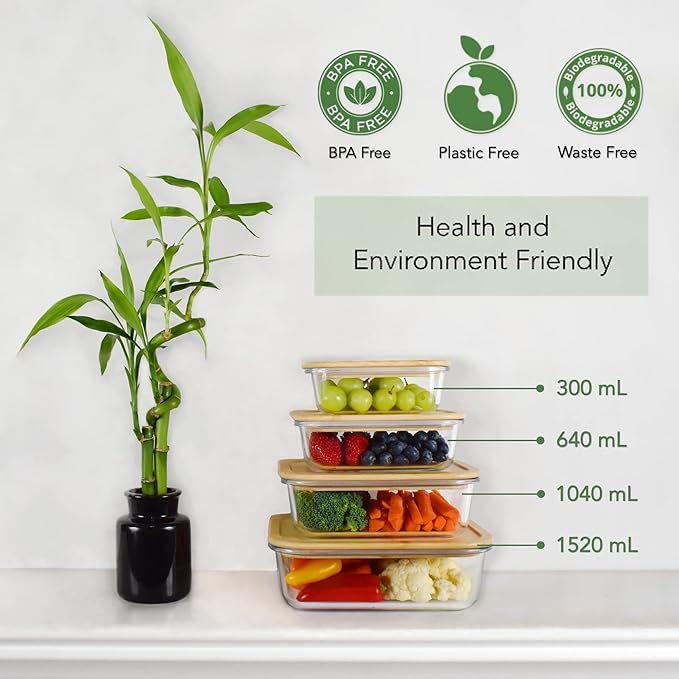 Glass Food Storage Containers with Bamboo Lids (4 Pack) - 100% Plastic Free, Eco-Friendly, Oven, Microwave Safe Meal Prep Container Set - Bamboo Lid Storage Container, Glass Lunch Containers