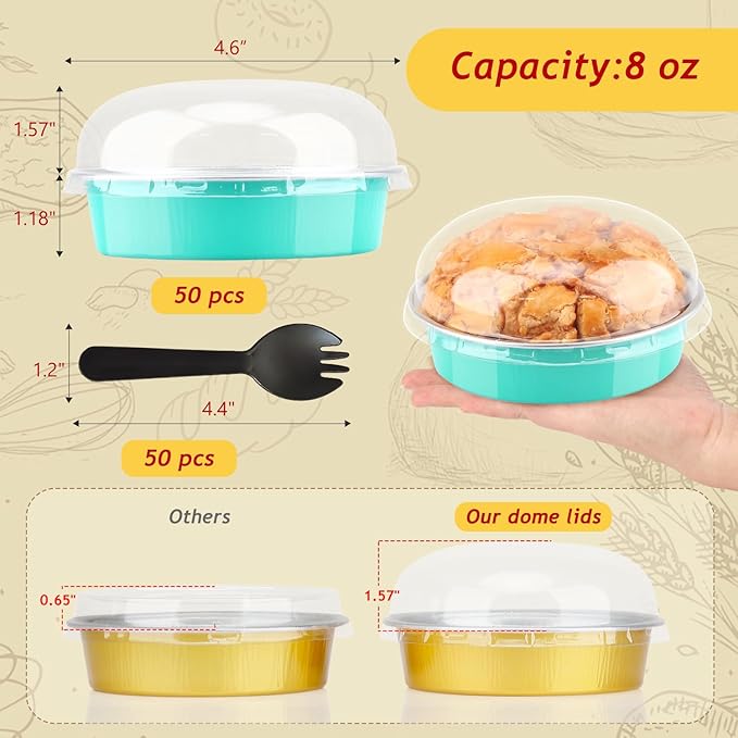 LNYZQUS 4 Inch Mini Cake Pans with Lids 50 Pack, Disposable Small Pie Tins Mini Tart Creme Brulee Ramekin Contaniers,8oz Aluminum Foil Baking Pans Jumbo Muffin Cups Holders-Cyan Blue