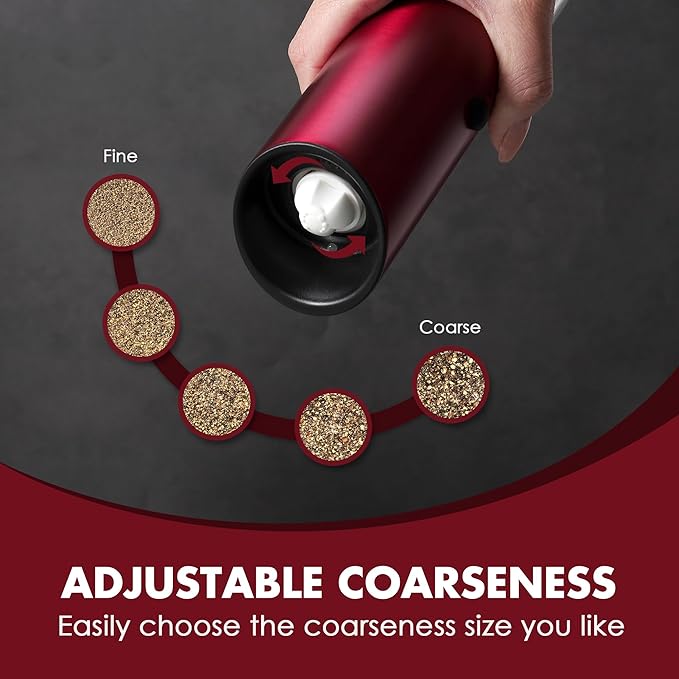 Vzaahu Gravity Electric Pepper and Salt Grinder Set of 2 - Rechargeable, Refillable, Adjustable Coarseness, Stainless Steel Seasalt Peppermill with LED light - One Hand Operation (Red)