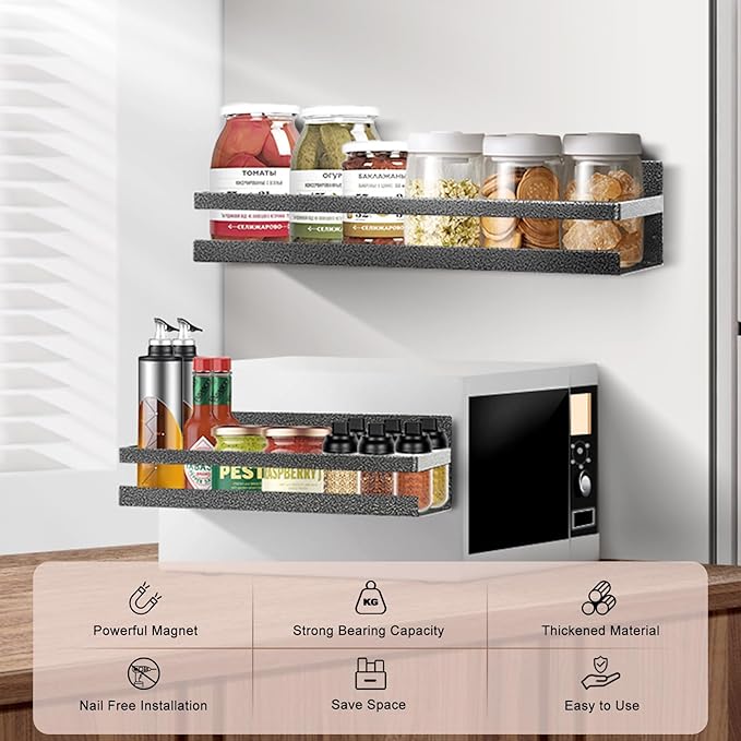 Uten Large Spice Rack for Refrigerator, 2 Pack Strong Magnetic Shelves, Moveable Fridge Organizer for Kitchen Holding Spices, Jars