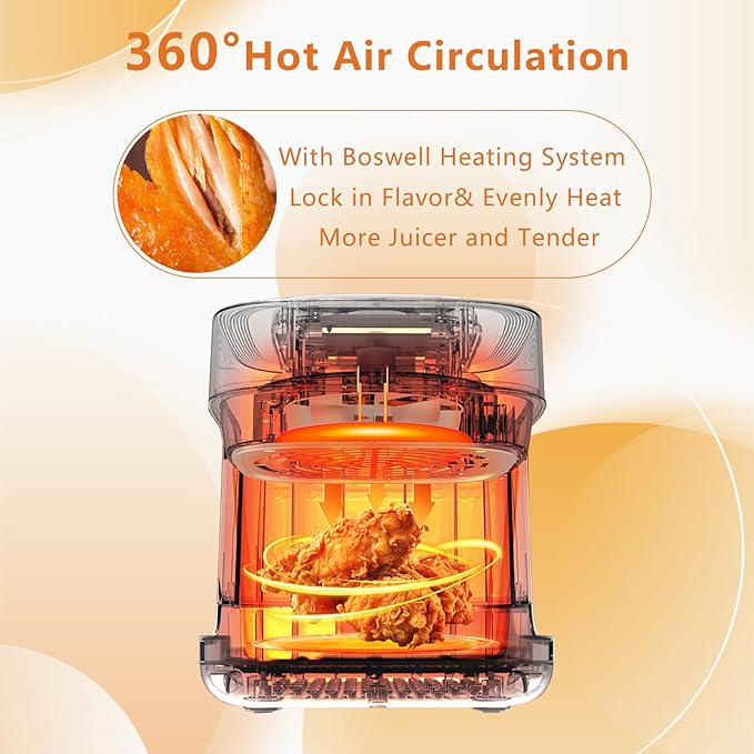 BOSWELL Glass Air Fryer, 7.5QT with Transparent Fry Bowl, Circulating Heating, Temperature Control, Stainless Steel Air Fryer Roast, Dishwasher Safe (white)