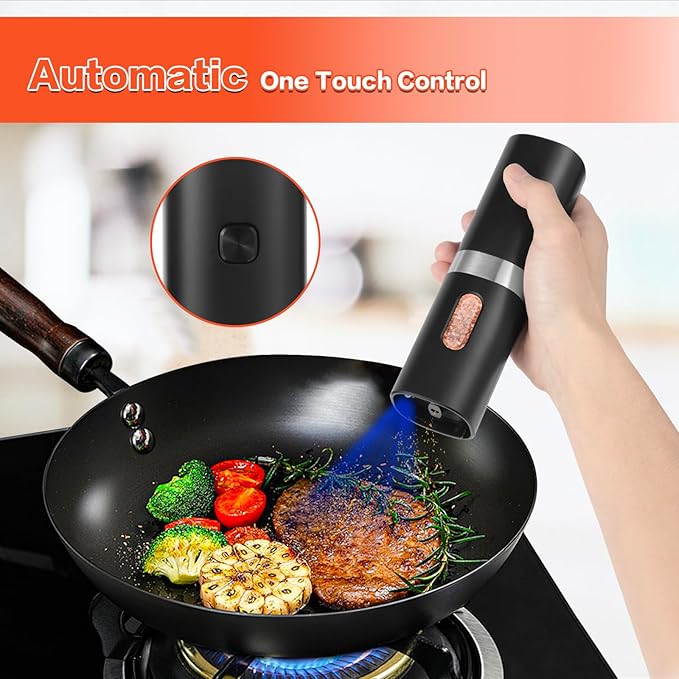 Syaws Electric Pepper and Salt Grinder,Battery Powered Pepper Grinders,Automatic Pepper Mill with LED Light,Adjustable Coarseness One-Hand Operation (Black-Rechargeable Set)