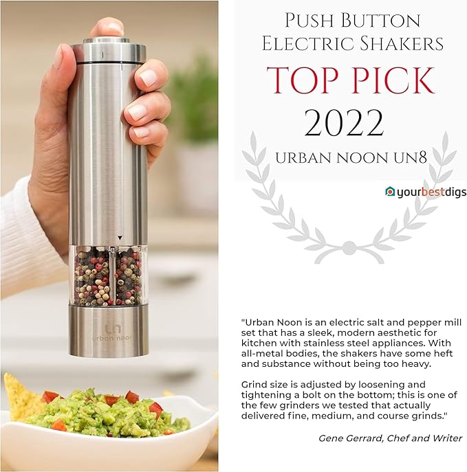 Electric Salt and Pepper Grinder Set - Battery Operated Stainless Steel Mills (1 Black Pepper Grinder + 1 White Salt Grinder) Automatic One Handed Operation Electronic Adjustable Ceramic Grinders