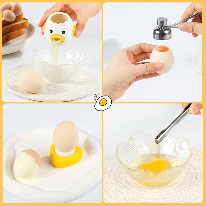 10-in-1 Egg Tool Set:1 Chalaza Remover Tongs,2 Piercers,2 Fry Rings,2 Brush Cleaners,1 Shell Opener,1 Egg Separator,1 Egg Slicer -All Essential Egg Prep Gadgets for Perfect Cooking