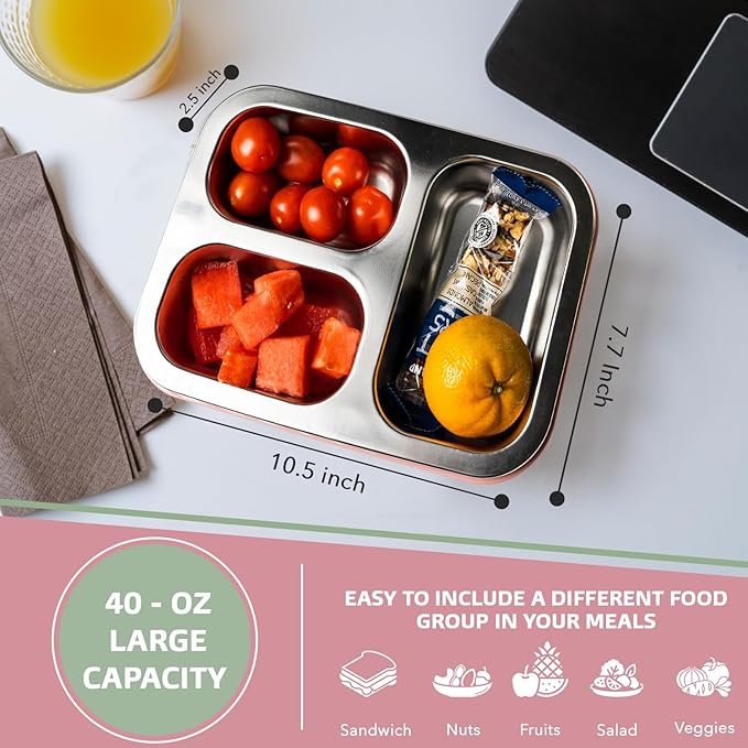 3 Compartment Stainless Steel Large Bento Box, 40oz Meal Prep Container with Reusable Snack Container, Large Lunch Box for Adults with Lids, Green Lunchbox