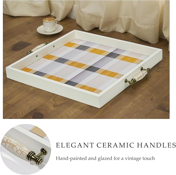 Rustic White Wooden Frame Plaid Serving Tray with Ceramic Handles, Yellow Grey White Checkered Decorative Breakfast Tray, Velvet Bottom, 16.3" x 15" x 1.6"