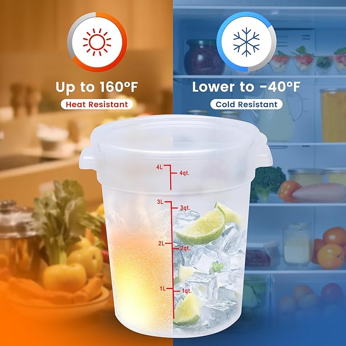 4 Pack 4QT Round Food Storage Containers with Lids, BPA-Free Polypropylene NSF Commercial Food Container, with Labels & Measuring Cup