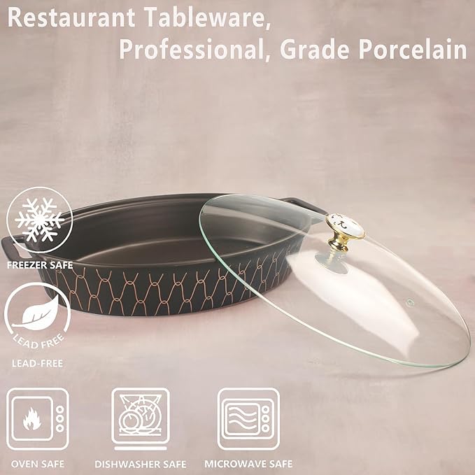 11" X 7.5" Ceramic Oval Casserole Dish with Glass Lid, 1.3 Quart Serving Soup Tureen,Chafing Dish for Buffet, Family Food preserve Tray, Catering Casserole for Party Style, Black