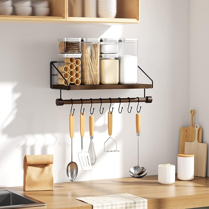 Alsonerbay Floating Shelf Wall-Mounted, Coffee Bar Shelf with Hooks and Towel Bar, Kitchen Shelves for Organizing Cooking Utensils and Mugs