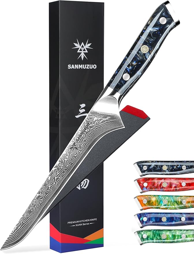 7 inch Fillet Knife, VG10 Damascus Steel Fish Boning Knife with Resin Handle - Xuan Series (Starry Black)