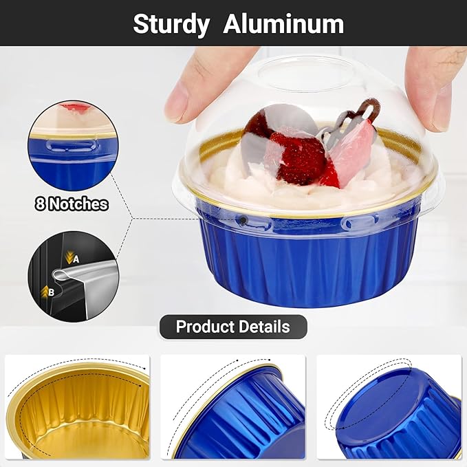 EUSOAR Disposable Ramekins with Individually Wrapped Spoons, 60pcs 5oz Mini Cake Pans with Lids and Plastic Sporks, Foil Creme Brulee Ramekins Muffin Baking Cups Cupcake Liners for Wedding Party Favor