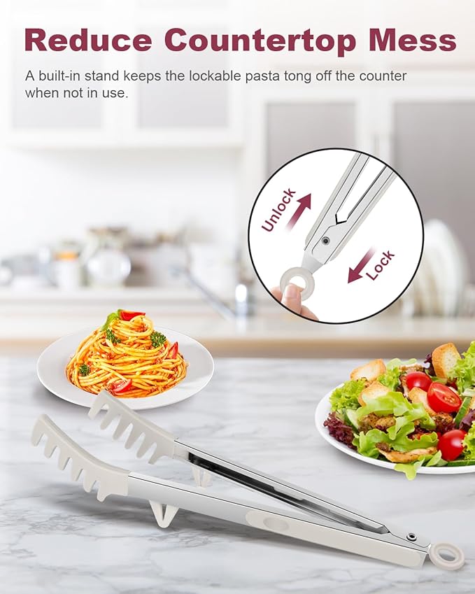 Silicone Spaghetti Spoon and Pasta Tong, Heat-Resistant Noodle Spoon Server, 13“ BPA-Free Spaghetti Strainer, Fork with Teeth and Stainless Steel Handle, Food-Grade Clip for Pasta, Beige