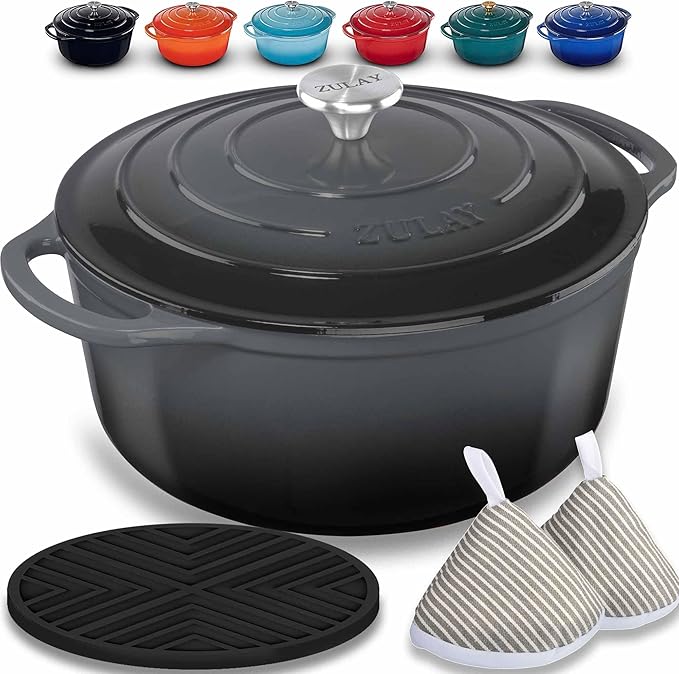Zulay Kitchen 7.7 Quart Enameled Cast Iron Dutch Oven with Lid, Silicone Trivet & Heat Pad – Premium Durability & Oven Safe up to 500°F – Heavy Duty Cookware Perfect for Bread Baking, Stews, Braising & Roasting – Gray