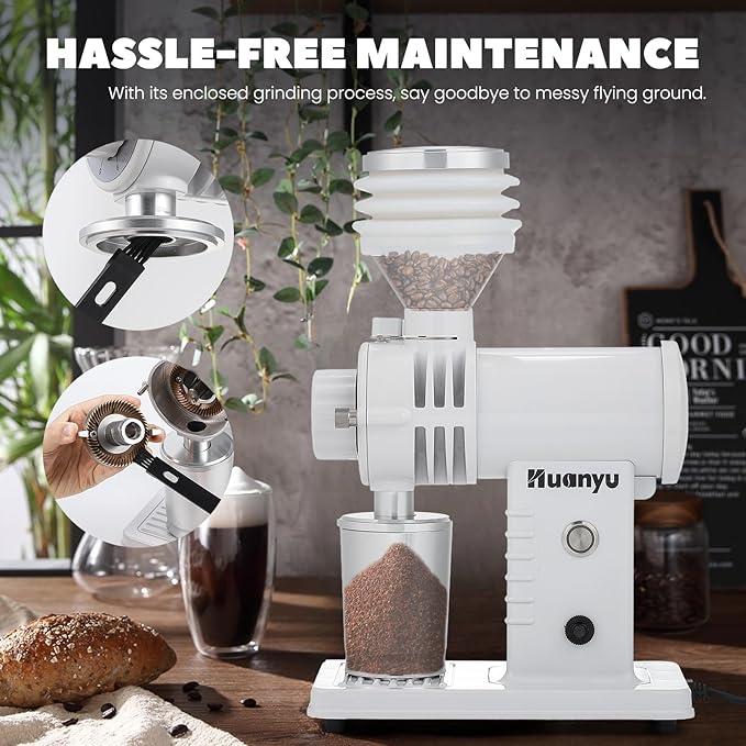 Huanyu Espresso Grinder with Titanium Flat Burr Electric Coffee Grinder with Hopper Bellows 10 Precise Grind Setting Coffee Grinders for Home Use White