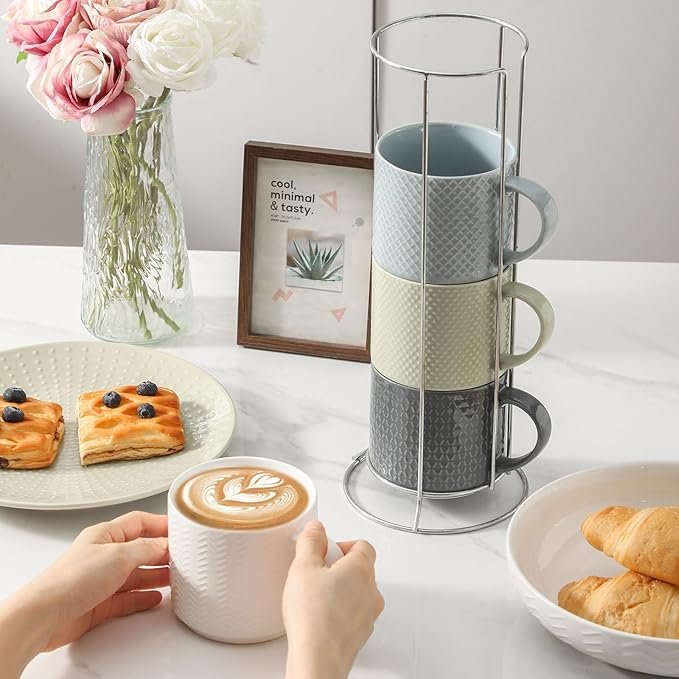 Hasense Coffee Mugs,15oz Coffee Cups Set of 4 with Stackable Storage Rack, Durable Porcelain, Microwave & Dishwasher Safe, Space-Saving Mug Set for Kitchen and Office, Multi Color