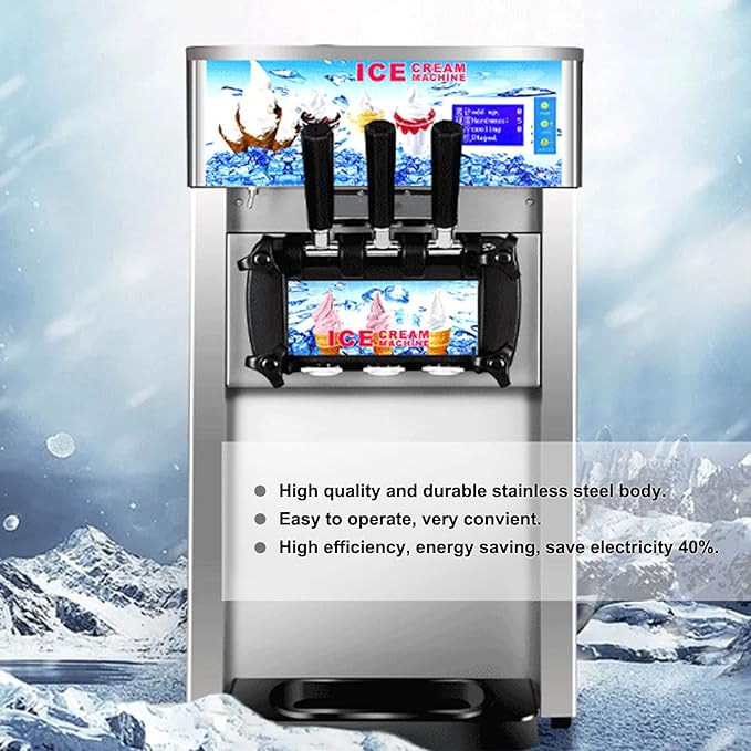 3 Flavor Soft Ice Cream Machine Commercial Soft Serve Ice Cream Maker Sorbet Frozen Yogurt Gelato LED Display Desktop Type 1200W 110V