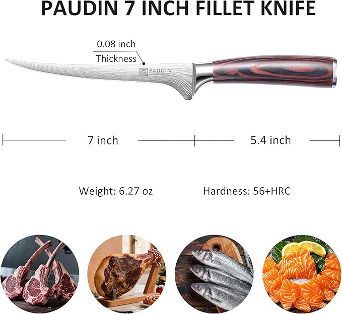 PAUDIN Fillet Knife 7 Inch, Professional Filet Knife for Fish with Sheath, Razor Sharp Boning Knives for Meat Cutting with Ergonomic Pakkawood Handle, Gift Box