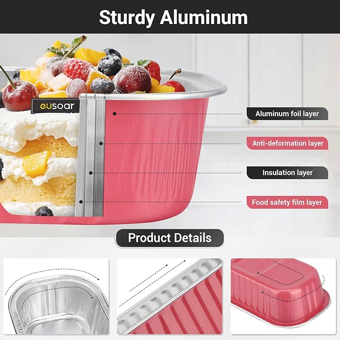 EUSOAR Baking Cups with Lids, 50pcs 6.8oz Aluminum Foil Cheesecake Ramekins Mini Loaf Pans Tin Disposable, Reusable Cake Containers Wrappers Cheesecake Creme Brulee for Picnic Wedding Party Gathering